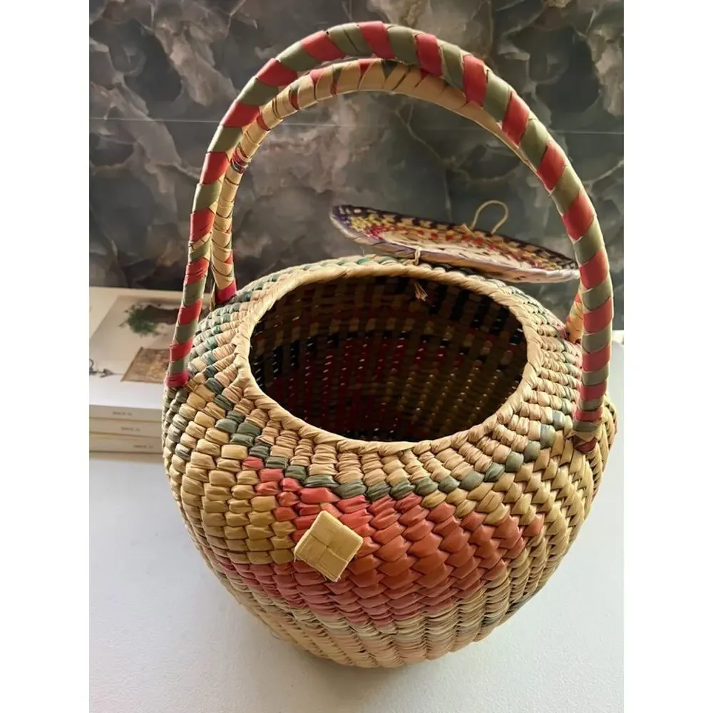 Handwoven Large Basket with Lid Double Handles